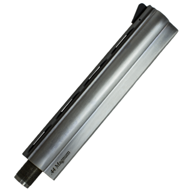 Product Description: The B/A, SS 44 8 INCH barrel in silver, featuring engraved text. It includes a threaded end and venting along its length and is presented against a plain white background.