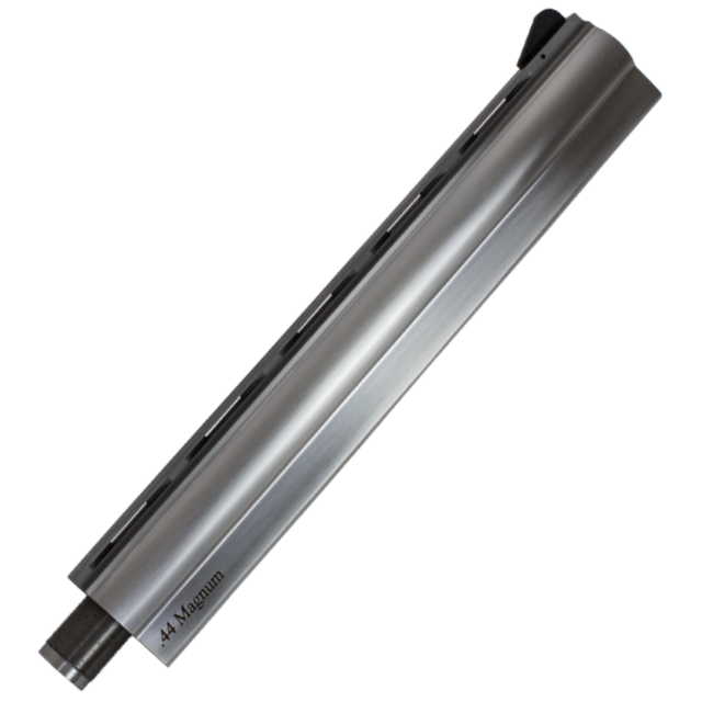 The B/A, SS 44 10 inch gun barrel is a long, metallic .44 Magnum with a vented rib and front sight.