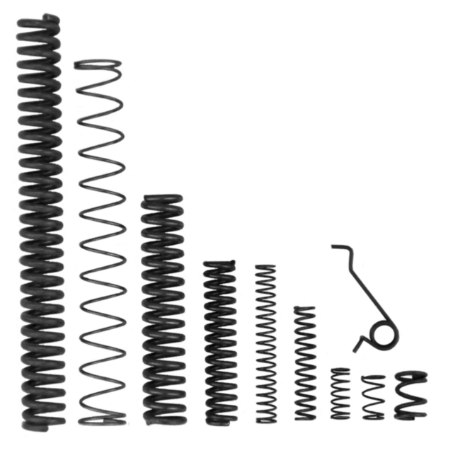 The DAN WESSON REVOLVER SPRING KIT LARGE FRAME features an array of metal springs in descending sizes, showcasing various shapes like helical and zigzag patterns, all set against a white background.