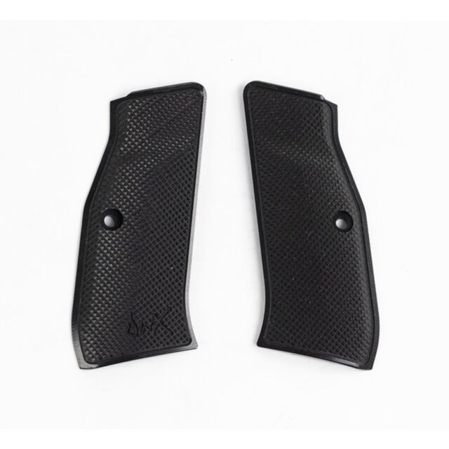 The DWX GRIPS BLACK are a pair of black, textured grips featuring small circular holes and a diamond pattern surface, crafted for a firearm. They are displayed slightly apart on a plain white background.