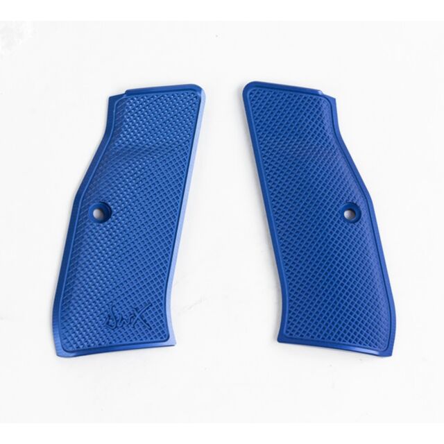 The DWX GRIPS BLUE product consists of two textured grip panels for a handgun, showcased on a plain white background. Each panel includes a fastening hole, with the left panel featuring an embossed logo or emblem near its lower edge.
