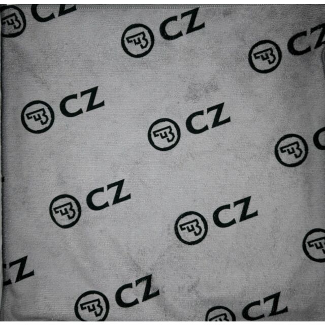 The GRAY MICROFIBER 16"X16" LOGO TOWEL features a repeating pattern with the letters "CZ" and a logo that resembles a stylized "F3" inside a circle. This sophisticated design is printed in black, covering the entire surface of the towel.