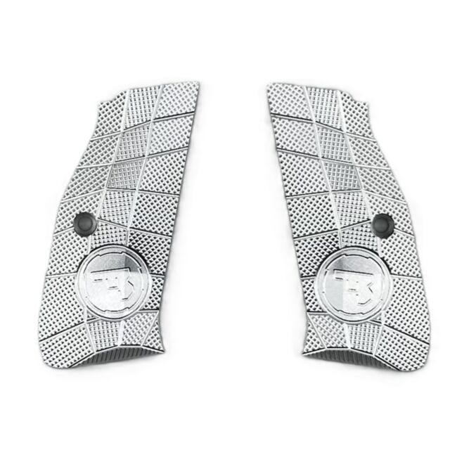 LOK Grips Shadow 2 Palm Swell GridLOK + CZ Logo - Full Length - Aluminum Silver: Two silver aluminum panels with circular CZ emblems, center screw holes, and a grid-diamond textured palm swell for enhanced handgun control.