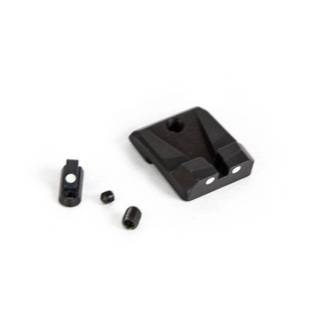 A CZUB FACTORY SIGHTS #4 P-10 set, designed for the P-10 model, displayed on a plain white background. The factory sights include various components, notably a rear sight with two white dots and additional small screws.