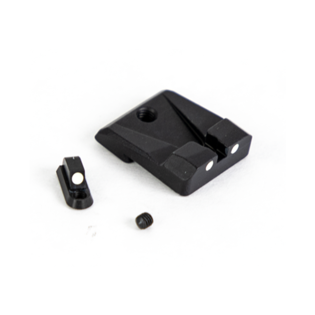Introducing the CZUB FACTORY SIGHTS #2 P-10: this set includes black iron sights specifically designed for the P-10. It features a square rear sight with two white dots and a smaller, rounded front sight with one white dot, complemented by a small black s