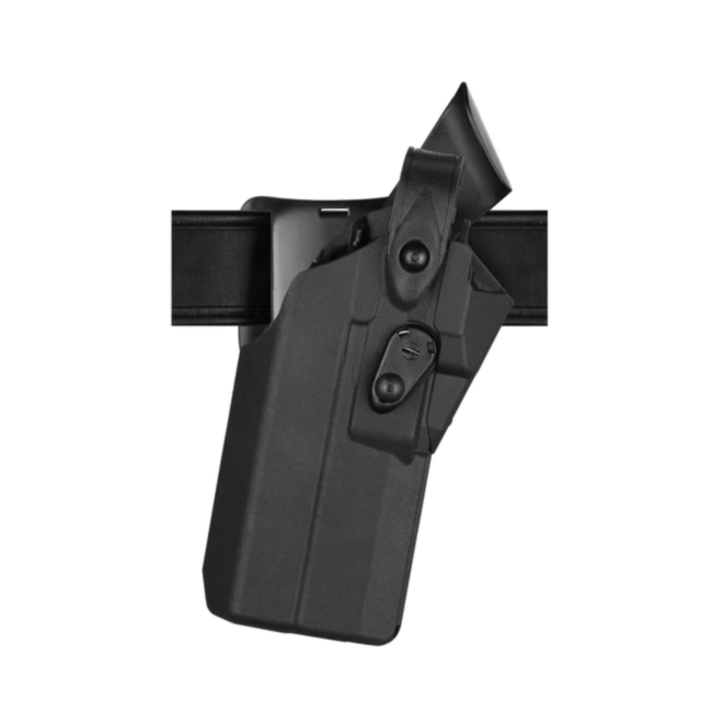 The Safariland 7390RDS CZ P10 F W/LIGHT RH is shown in black, secured in a holster with a snap button cover, attached to a belt horizontally. The holster is designed for securely holding the firearm.