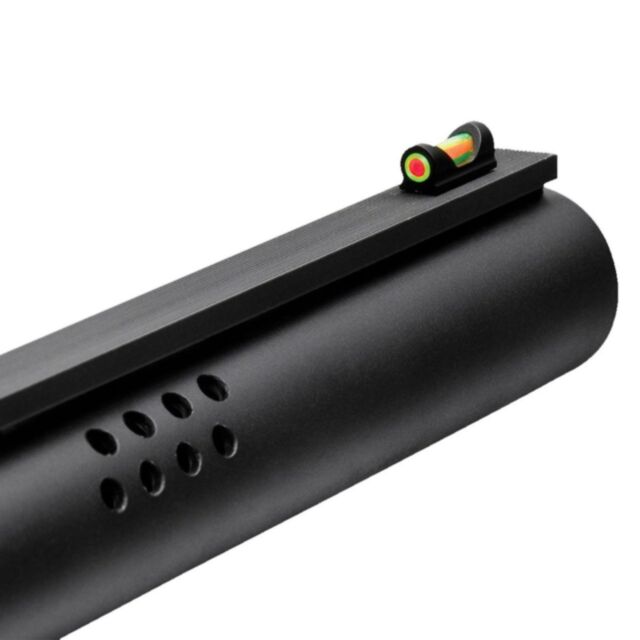 Close-up of a shotgun muzzle with TRUGLO Dual Color Fat Bead sight, featuring vibrant red and green fiber optic dots on a sleek black rail. The barrel has circular vents near the end, set against a plain white background.