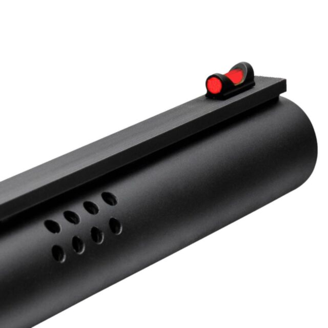 Close-up of a black shotgun barrel featuring a TRUGLO Red Fat Bead fiber optic sight. The barrel includes circular vent holes for heat dissipation, with a sleek design complemented by the bead sight for accuracy.