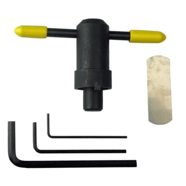 The WRENCH KIT .32 includes a T-shaped black tool with yellow-capped handles, four black hex keys in different sizes, and a small rectangular metal piece.